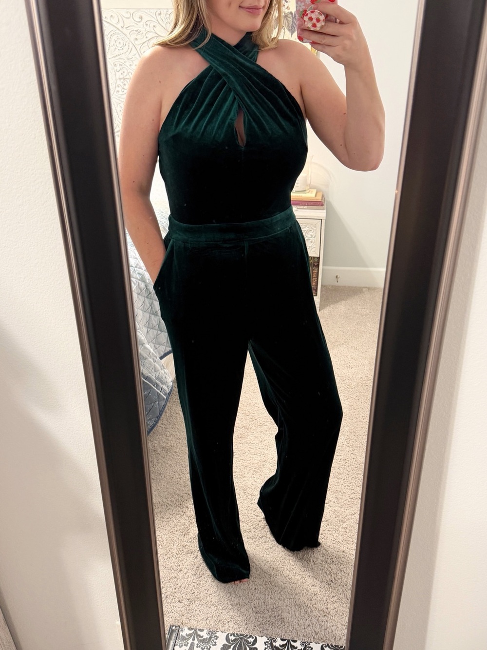 Skies Are Blue Deep Green Velvet Halter Jumpsuit